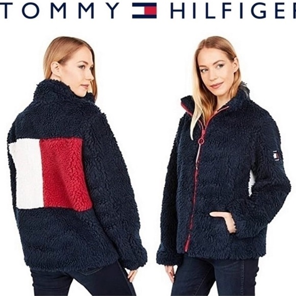 Tommy Hilfiger teddy sherpa jacket blue red white logo NWT women’s - Picture 2 of 6